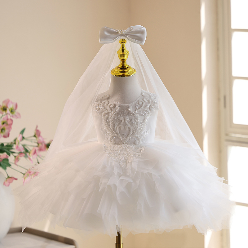 Summer Clothing Baby Girl - Vestido Branco de Renda com Miçangas